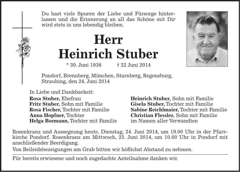 Traueranzeige Heinrich Stuber