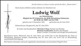Traueranzeige Ludwig Wolf