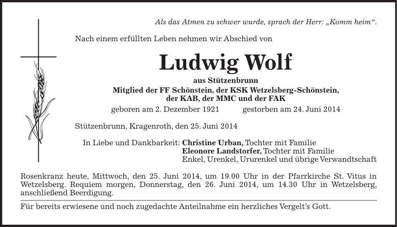 Traueranzeige Ludwig Wolf