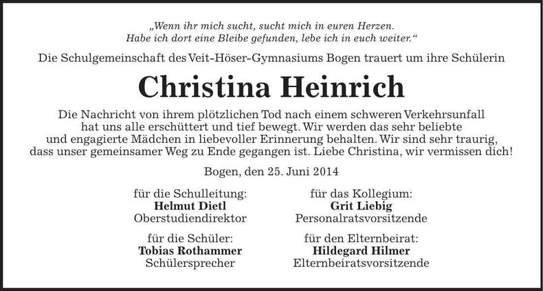 Traueranzeige Christina Heinrich