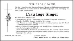 Traueranzeige Inge Singer