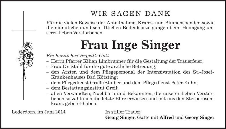 Traueranzeige Inge Singer
