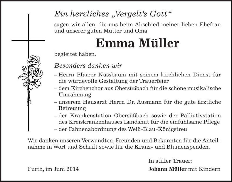 Traueranzeige Emma Müller