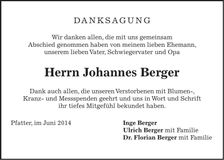 Traueranzeige Johannes Berger