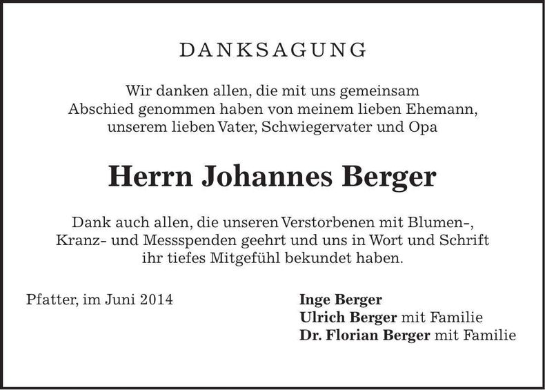 Traueranzeige Johannes Berger