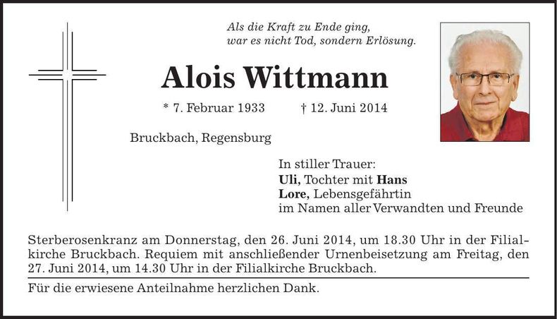 Traueranzeige Alois Wittmann