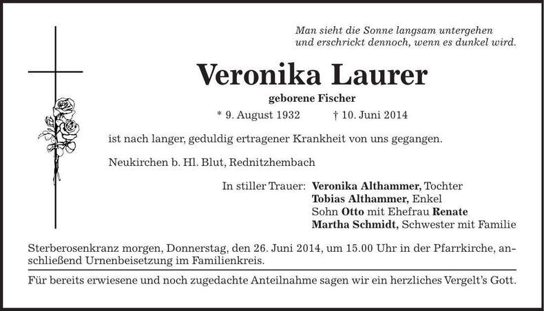 Traueranzeige Veronika Laurer