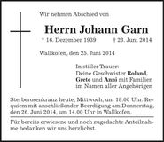 Traueranzeige Johann Garn