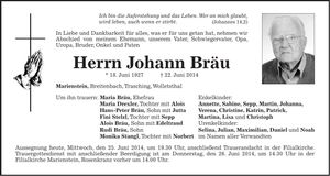 Traueranzeige Johann Bräu