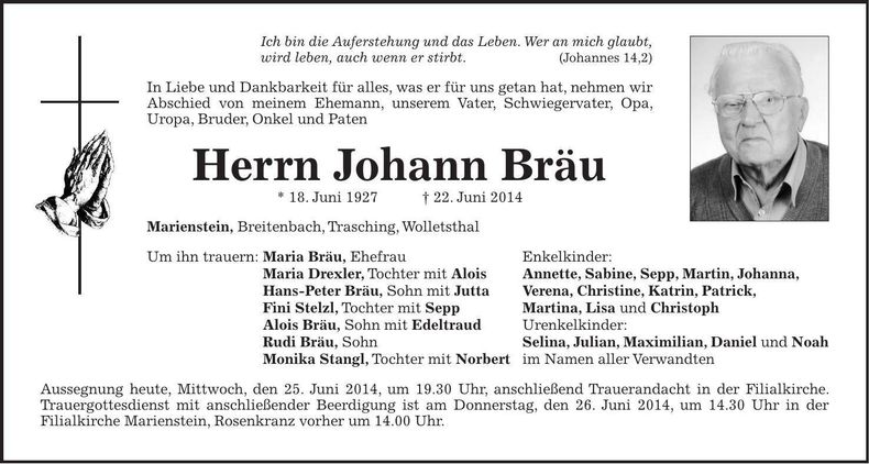 Traueranzeige Johann Bräu