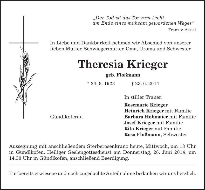 Traueranzeige Theresia Krieger