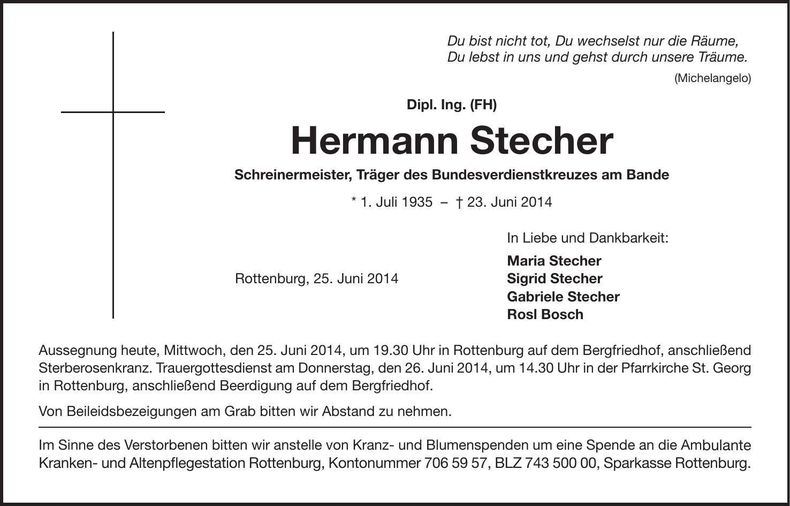 Traueranzeige Hermann Stecher