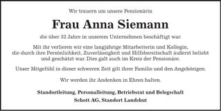Traueranzeige Anna Siemann