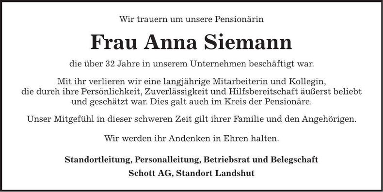 Traueranzeige Anna Siemann