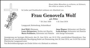 Traueranzeige Genovefa Wolf
