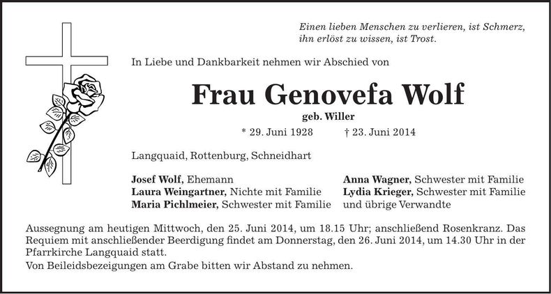 Traueranzeige Genovefa Wolf