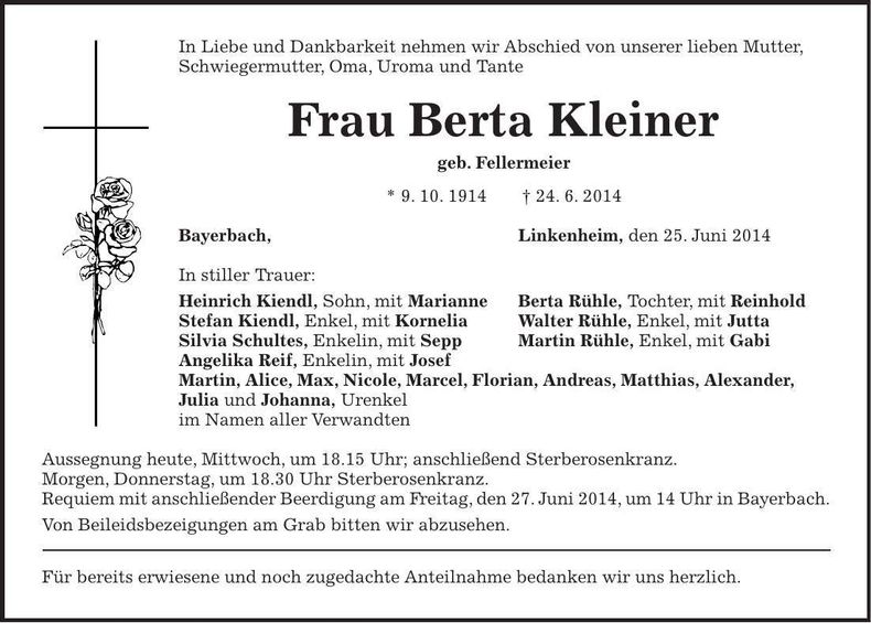 Traueranzeige Berta Kleiner
