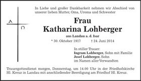 Traueranzeige Katharina Lohberger