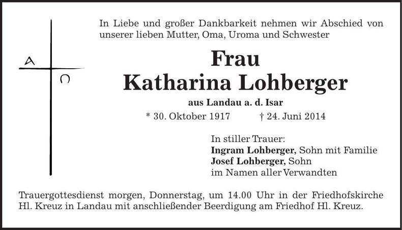 Traueranzeige Katharina Lohberger