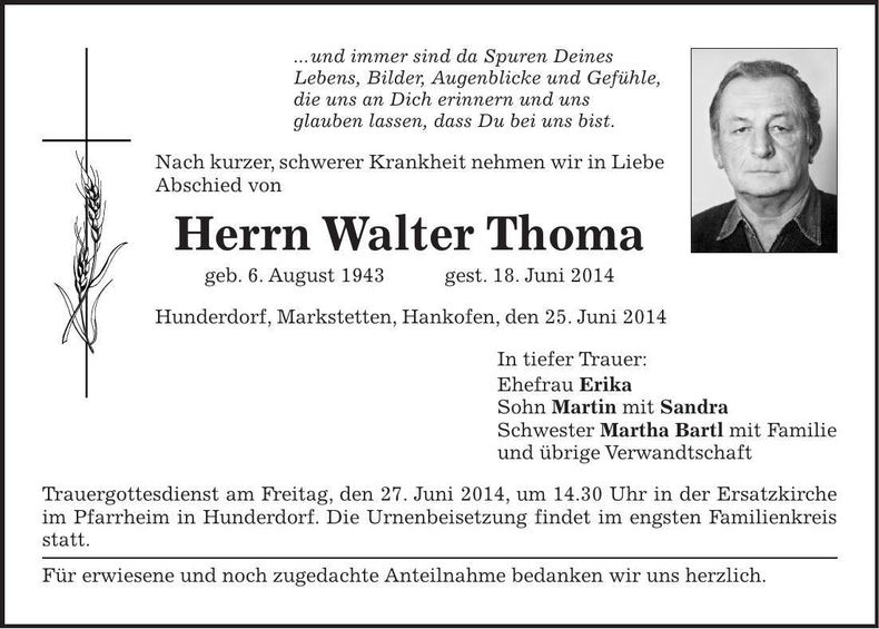Traueranzeige Walter Thoma