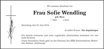 Traueranzeige Sofie Wendling