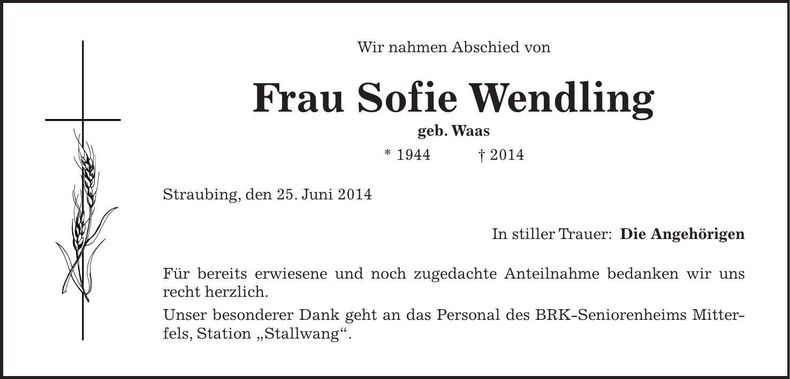 Traueranzeige Sofie Wendling