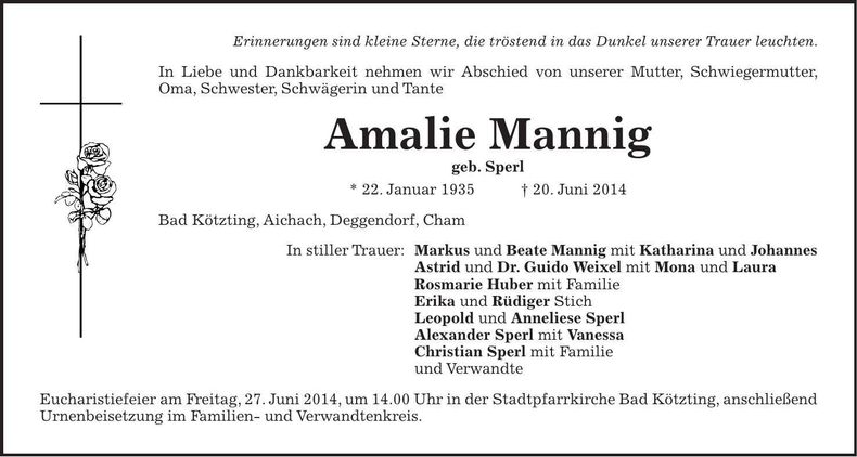 Traueranzeige Amalie Mannig