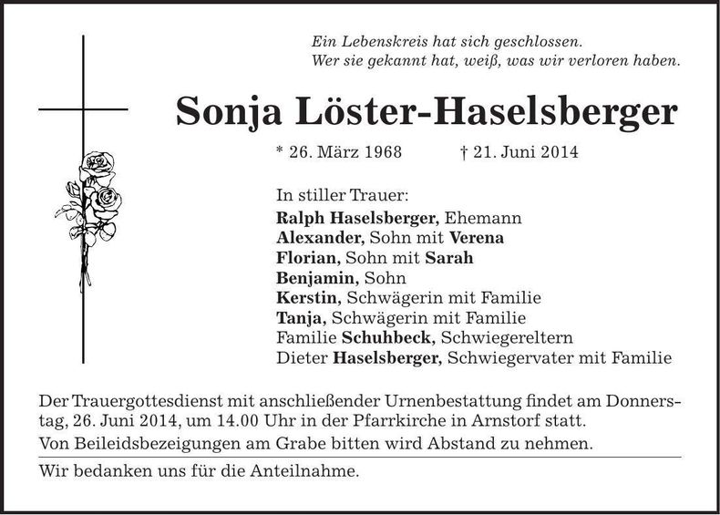 Traueranzeige Sonja Löster-Haselsberger