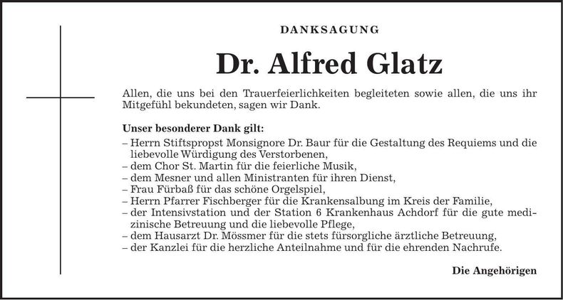 Traueranzeige Alfred Glatz