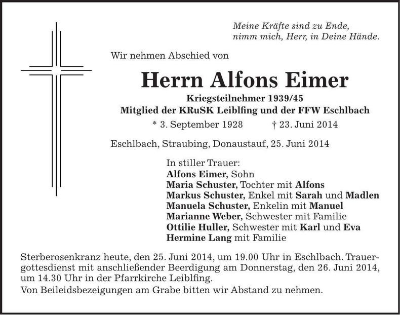 Traueranzeige Alfons Eimer