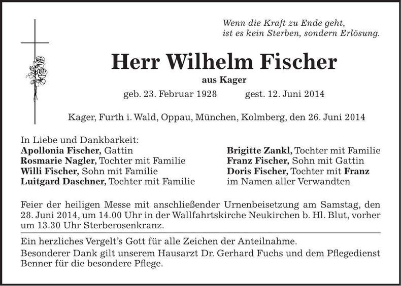 Traueranzeige Wilhelm Fischer