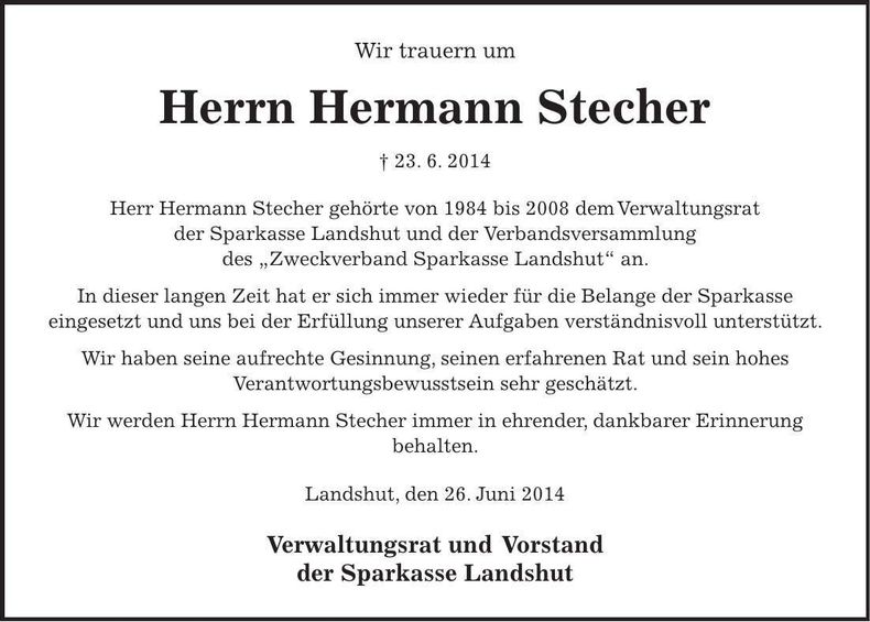 Traueranzeige Hermann Stecher