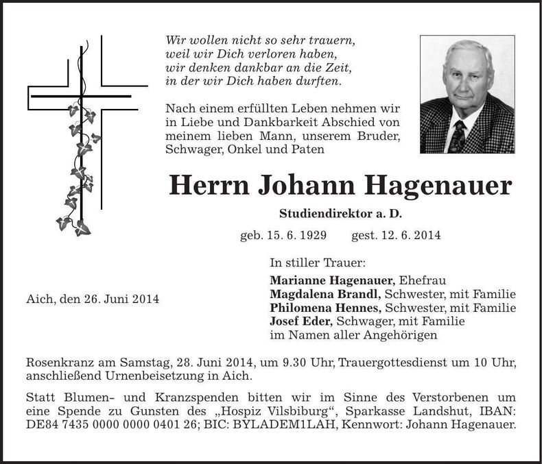 Traueranzeige Johann Hagenauer