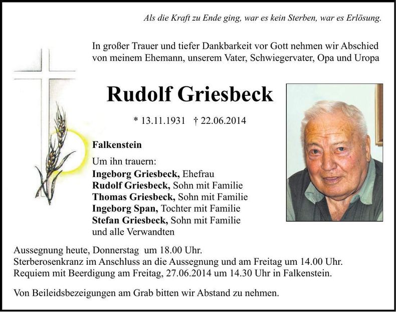 Traueranzeige Rudolf Griesbeck