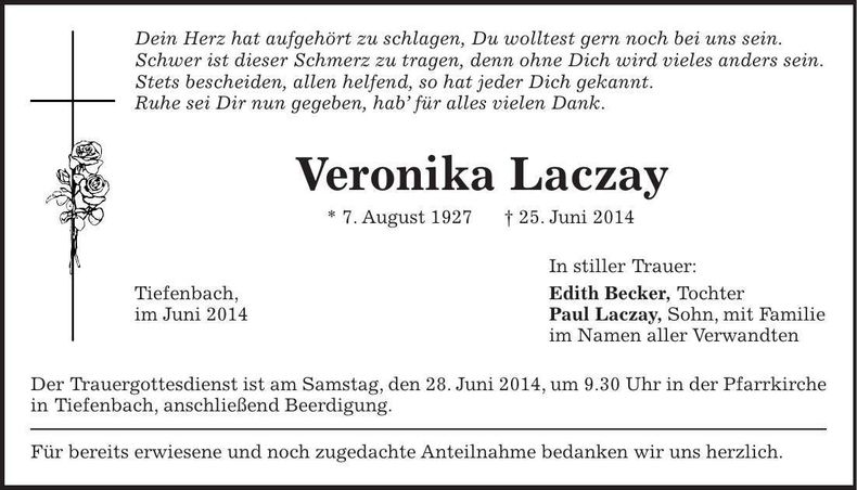 Traueranzeige Veronika Laczay