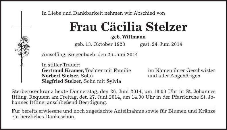 Traueranzeige Cäcilia Stelzer