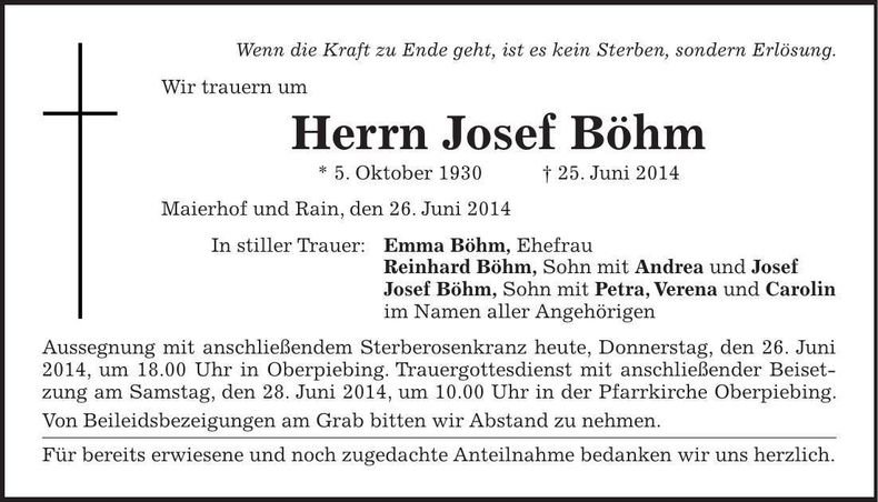 Traueranzeige Josef Böhm