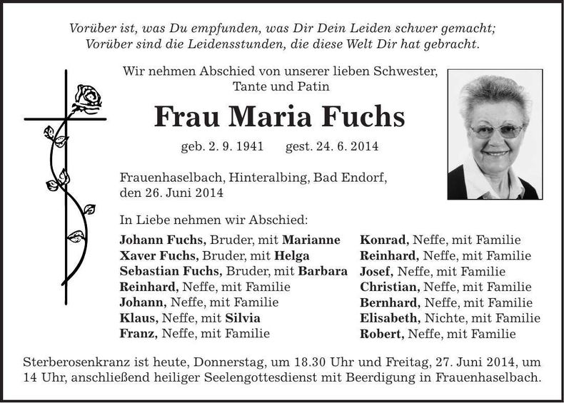 Traueranzeige Maria Fuchs