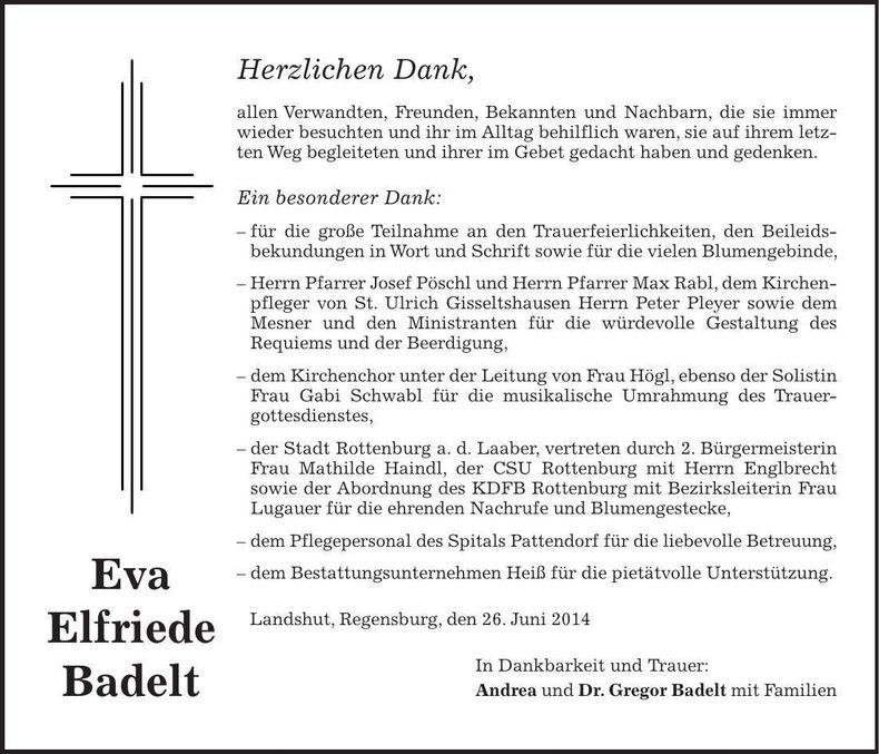 Traueranzeige Eva Elfriede Badelt