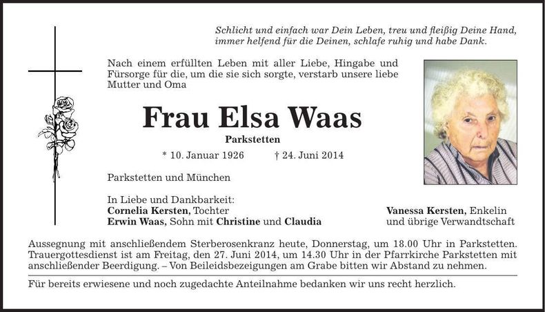 Traueranzeige Elsa Waas