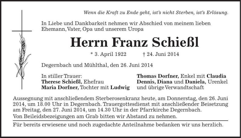 Traueranzeige Franz Schießl