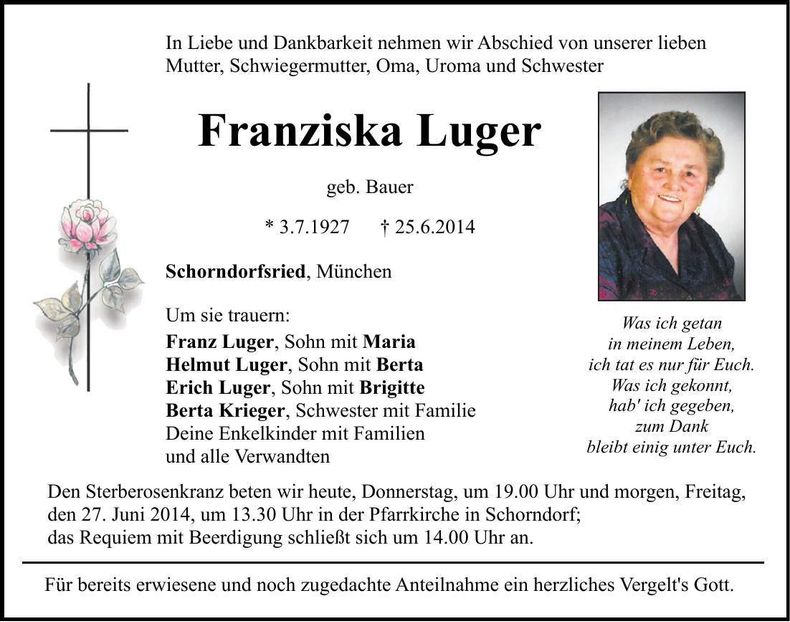 Traueranzeige Franziska Luger
