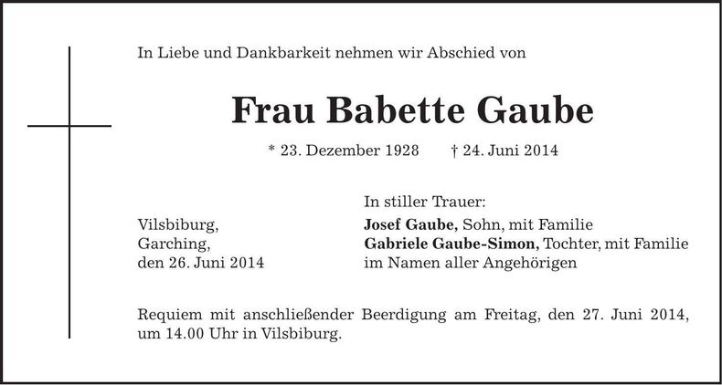 Traueranzeige Babette Gaube