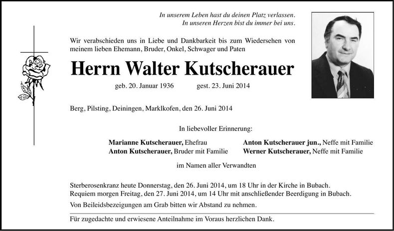 Traueranzeige Walter Kutscherauer