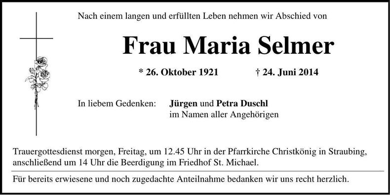 Traueranzeige Maria Selmer