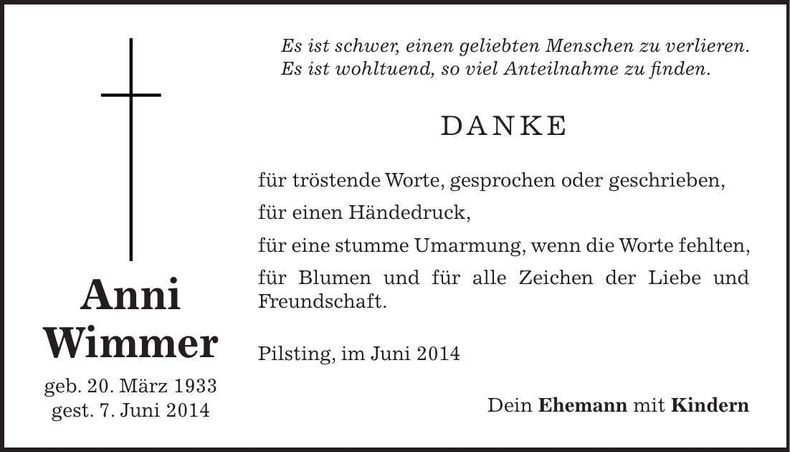 Traueranzeige Anni Wimmer