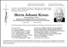 Traueranzeige Johann Kraus