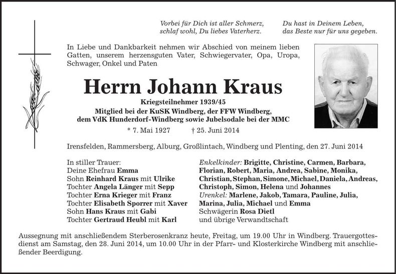 Traueranzeige Johann Kraus