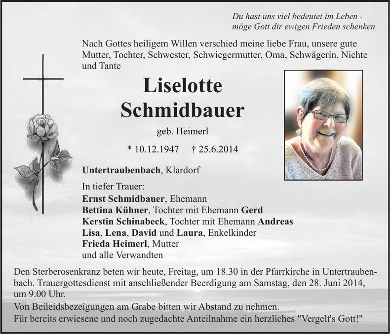Traueranzeige Liselotte Schmidbauer