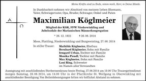 Traueranzeige Maximilian Köglmeier